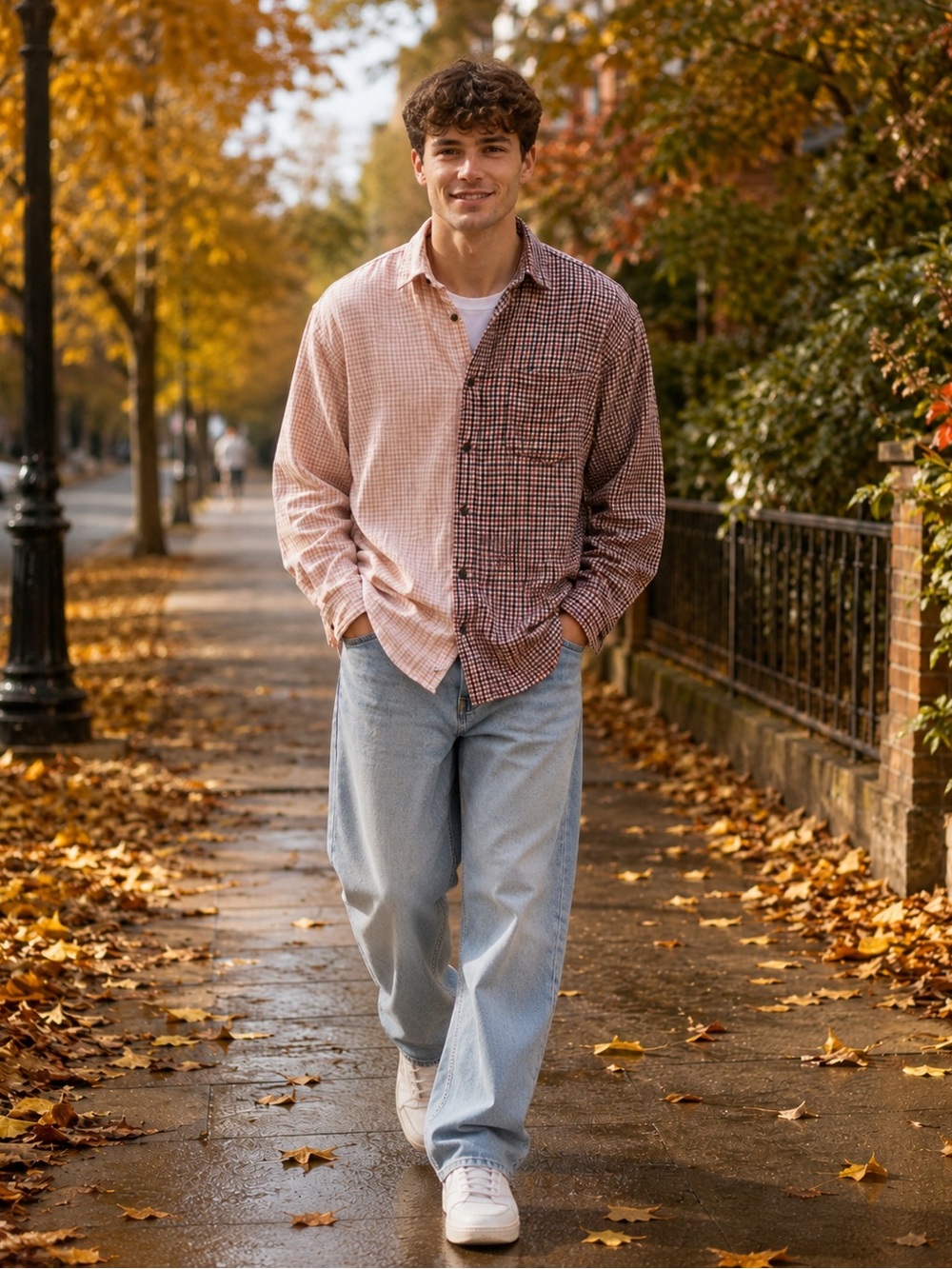 Eddie Bauer Red and Brown flannel Gingham Button-Down Shirt - custom bleached.